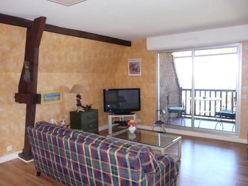 a living room with a couch and a television at le cottage vue mer in Bénerville-sur-Mer
