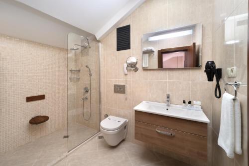 a bathroom with a shower and a toilet and a sink at Recital Park Hotel in Istanbul