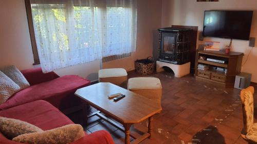 - un salon avec un canapé et une table dans l'établissement Chata č.6, à Zlaté Hory