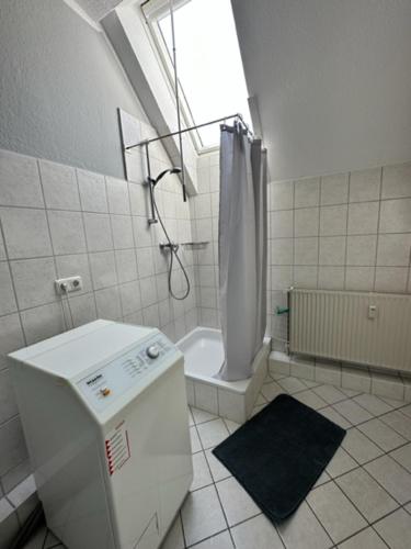 a white bathroom with a shower and a sink at Villa Blumenthal in Ludwigslust