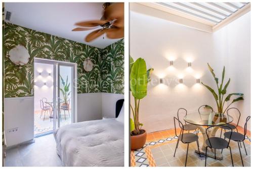 a bedroom and a dining room with a table at Designer Apartment in Seville