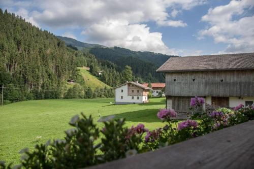 a green field with a barn and a house at Gästehaus Fohringer in Kelchsau