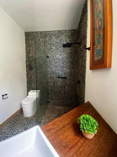 a bathroom with a shower and a sink and a toilet at casaNorte paraíso norteño mirador de Ballenas in Canoas De Punta Sal