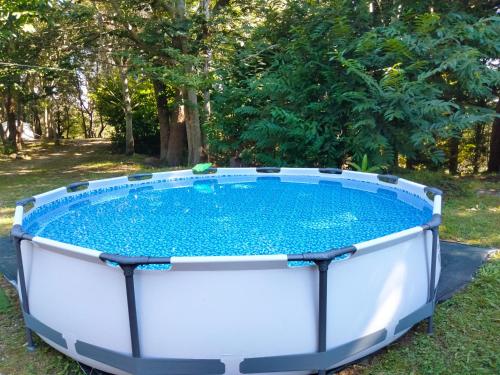 una gran piscina de agua en un patio en La Finca - Campamento en la Naturaleza en Carranceja