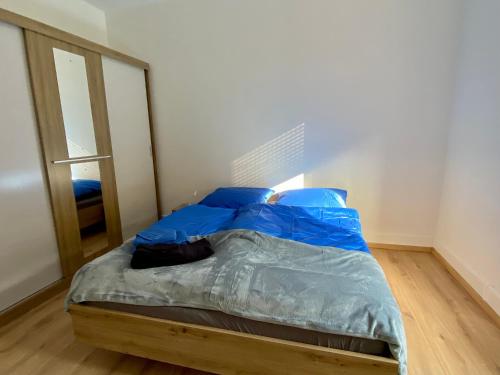 1 dormitorio con 1 cama con sábanas azules y espejo en Appartement Le lion, en Belfort