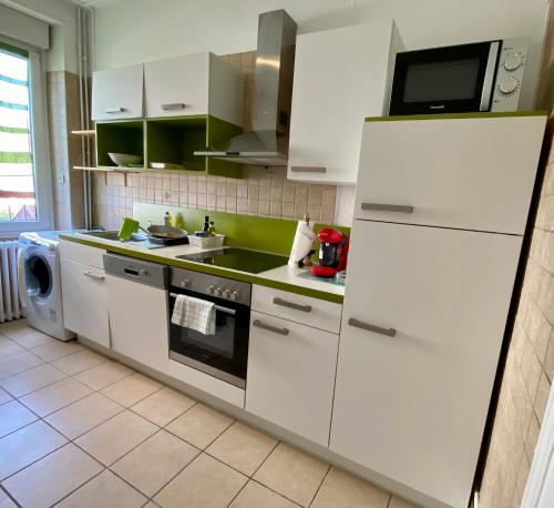 cocina blanca con fregadero y microondas en Appartement Le lion, en Belfort