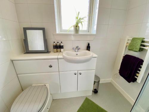 a bathroom with a sink and a toilet and a mirror at cosy town bungalow in Inverlochy