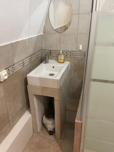 une salle de bain avec un lavabo, un miroir et une douche dans l'établissement sejour romantique entre mer et ciel, à Porri