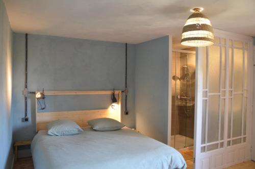 a bedroom with a bed and a pendant light at les gites du passage: le nid in Passenans