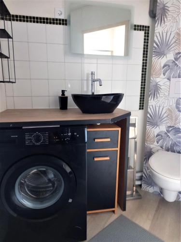 une salle de bain avec un lavabo et une machine à laver dans l'établissement Joli studio en centre ville, à Sète