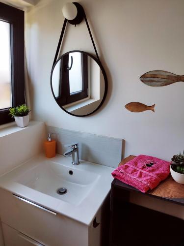 une salle de bain avec un lavabo et un miroir au mur dans l'établissement La campagne à la ville..., à Beauvais