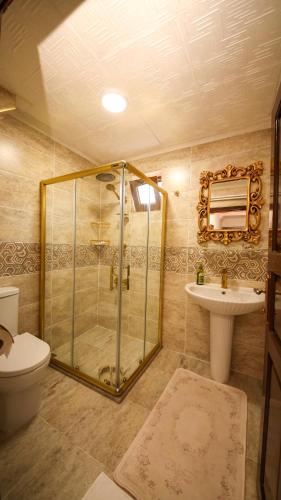 a bathroom with a shower and a toilet and a sink at Dibekönü Konak in Safranbolu