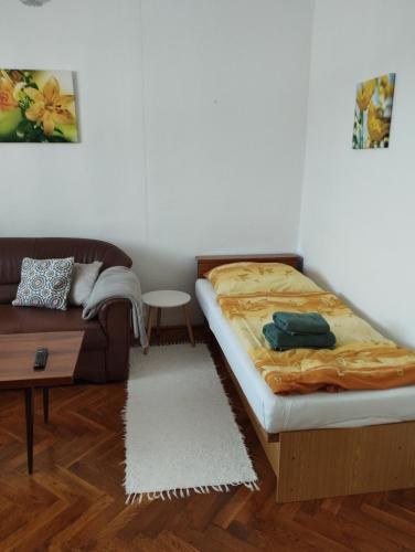 um quarto com uma cama e um sofá em Apartman Veronika v rodinnom dome em Snina