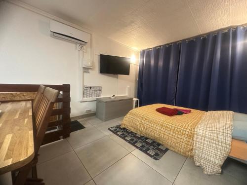 Appartement T2 Colombier pour 5 personnes vue mer في سانت كلوتيلد: غرفة نوم بسرير وطاولة وتلفزيون