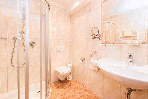 a bathroom with a shower and a sink and a toilet at Hotel Stubaierhof in Neustift im Stubaital