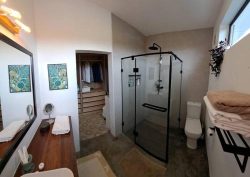 uma casa de banho com um chuveiro e um WC. em Lush Escape em Henrietta