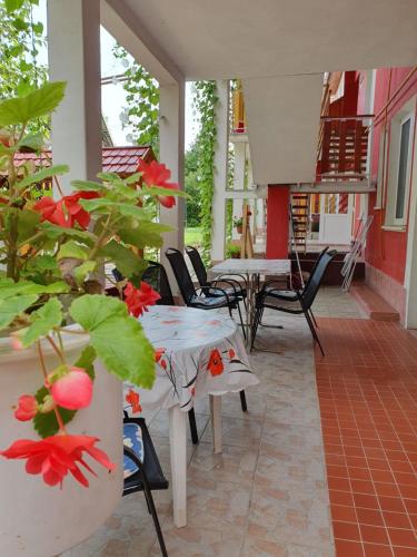 eine Terrasse mit Tischen und eine Pflanze mit roten Blumen in der Unterkunft Apartmány Viola in Štúrovo