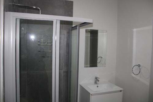 a bathroom with a shower and a toilet and a sink at Fun modern two bed apartment in fourways in Sandton