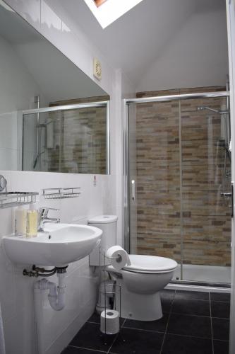 y baño con lavabo, aseo y ducha. en Upper Wood End Farm Holiday Cottages, en Marston Moretaine
