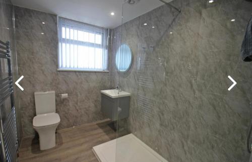 a bathroom with a toilet and a glass shower at Kinghurst Lodge 5 minutes from the sea in Torquay