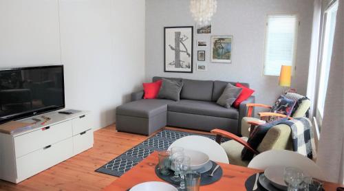 ein Wohnzimmer mit einem Sofa und einem TV in der Unterkunft Saunallinen kaksio, asunto Kolin Kolo in Kolinkylä