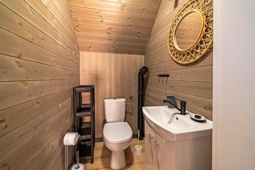 a bathroom with a toilet and a sink and a mirror at Osada Dębki Cicha in Dębki