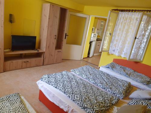 a bedroom with two beds and a television in it at Apartmány Viola in Štúrovo