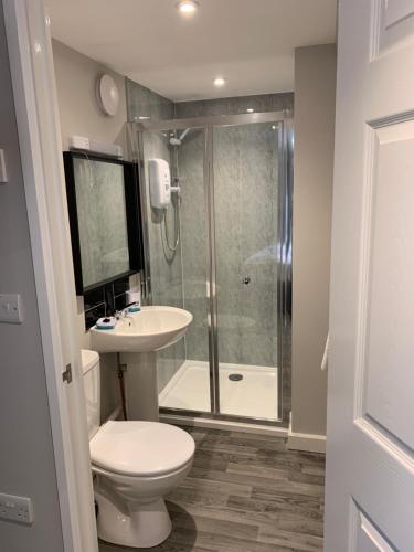 La salle de bains est pourvue d'une douche, de toilettes et d'un lavabo. dans l'établissement The Fountain Inn, Digbeth, à Birmingham