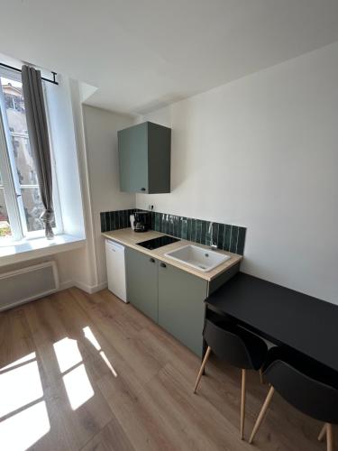 une petite cuisine avec un évier et un comptoir dans l'établissement Joyau historique 101, à Aurillac