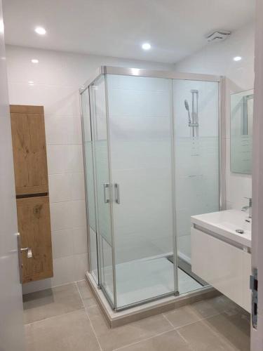 une salle de bain avec une douche en verre et un lavabo dans l'établissement Appartement Morgand, à Narbonne