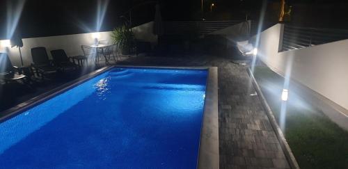 a large blue swimming pool at night with lights at Villa Ronić in Soko Banja