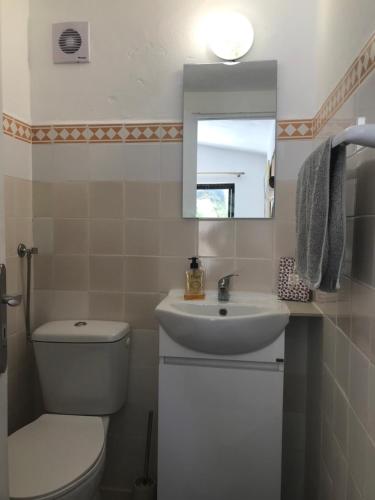 uma casa de banho com um WC, um lavatório e um espelho. em Casa tranquil em Santa Bárbara de Nexe