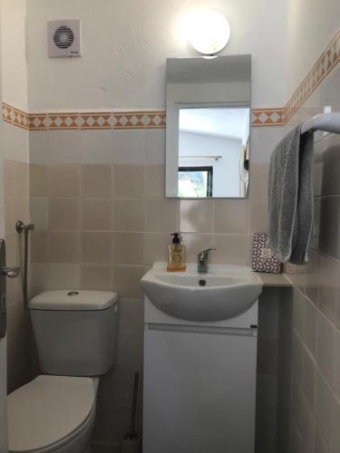 een badkamer met een toilet, een wastafel en een spiegel bij Casa tranquil in Santa Bárbara de Nexe