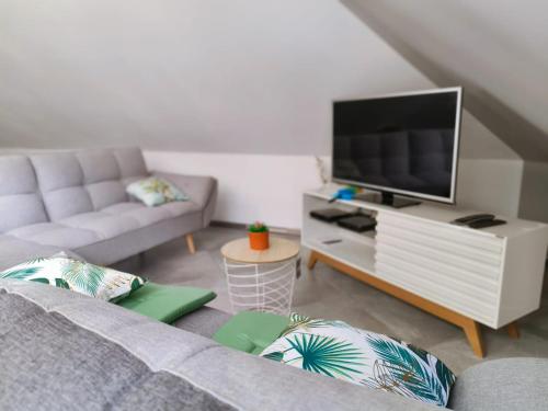 een woonkamer met een bank en een flatscreen-tv bij Chez Claudia in Salazie