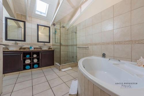 uma casa de banho com uma banheira, 2 lavatórios e um chuveiro em Aquamarine Guest House em Mossel Bay