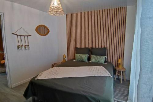 a bedroom with a bed and a chandelier at Le Joli’Mans, appartement refait à neuf, entièrement équipé, pour 2 personnes, proche quartier historique et centre in Le Mans