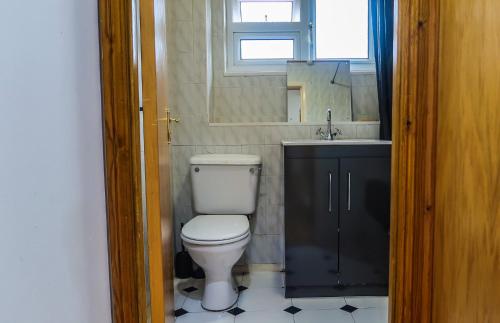 baño con aseo y lavabo y ventana en Cozy double room - Only room, en Londres