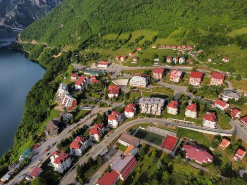 an aerial view of a small town next to the water at Apartman Ognjenović in Pluzine