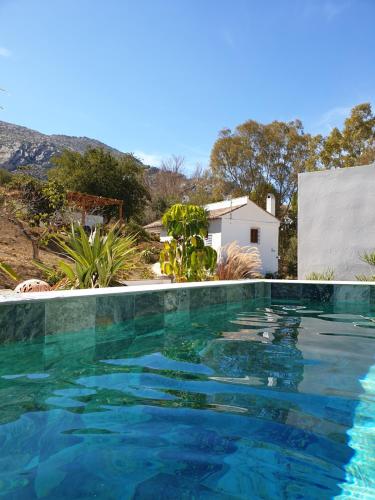 Valle de AbdalagísにあるFinca Altozano - Private pool - Unique clientの家の前の青い水のスイミングプール