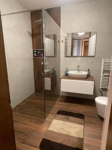 uma casa de banho com um chuveiro, um lavatório e um WC. em Pleasant apartment with panoramic view em Prizren