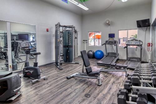 a fitness room with treadmills and cardio machines at Holiday Inn Detroit Lakes by IHG in Detroit Lakes