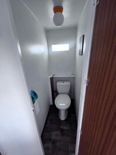 a small bathroom with a toilet and a window at Domek holenderski in Wiele