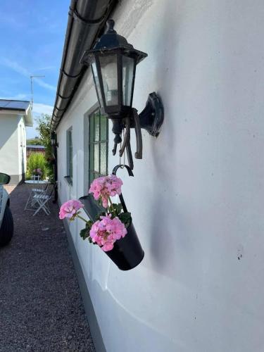 a lamp with flowers on the side of a building at Vivans Bed and Self catering in Kristianstad