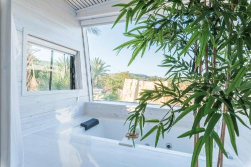 uma casa de banho com uma grande janela e uma planta em Leobus-לאו באס em Menaẖemya