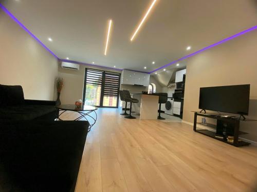 uma sala de estar com um sofá e uma televisão de ecrã plano em Muki House em Hunedoara