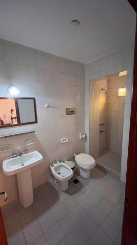 ein Bad mit einem Waschbecken, einem WC und einer Dusche in der Unterkunft Hotel Garay in San Bernardo