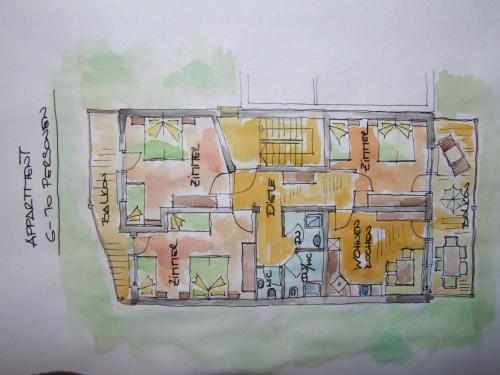 a drawing of a building with yellow at Haus Anna in Längenfeld