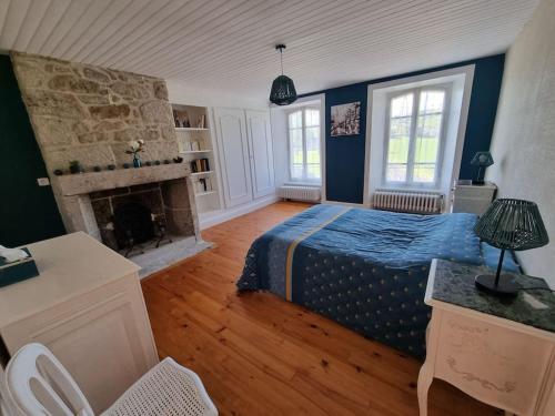 une chambre avec un lit et une cheminée dans l'établissement Maison La Rase du Lac Cantal, à Menet