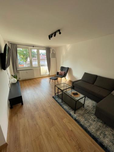 - un salon avec un canapé et une table dans l'établissement Guido Apartament, à Zabrze