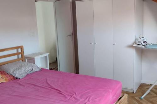 ein Schlafzimmer mit einem Bett mit einer rosa Decke in der Unterkunft F3 centre ville de Gien in Gien